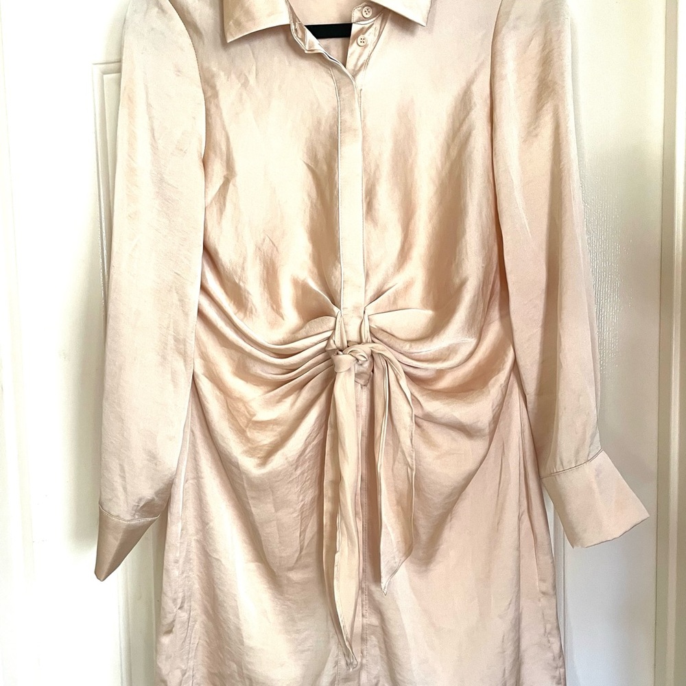 BB Dakota Steve Madden Gold “Tie Curious” Twist-Front Long-Sleeve Shirt Dress